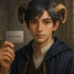 若き知性を宿すアルジが、静かにキャッシュカードを掲げる。 石造りの書庫、金縁のクローク、頬に落ちる光。 金融と秩序の交差点で選択を問いかけるような眼差し。 A young male scholar calmly holds a cash card under ambient light in a stone library, symbolizing financial choices with poise and clarity.