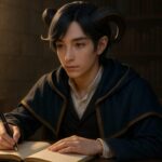 知性と静けさをたたえた青年が、書物のそばで微笑む様子。深い群青の背景に、金縁の角と柔らかな光が浮かぶ構図。 A calm and intelligent young man with golden-rimmed horns smiles quietly beside a book, set against a deep ultramarine background with soft lighting.